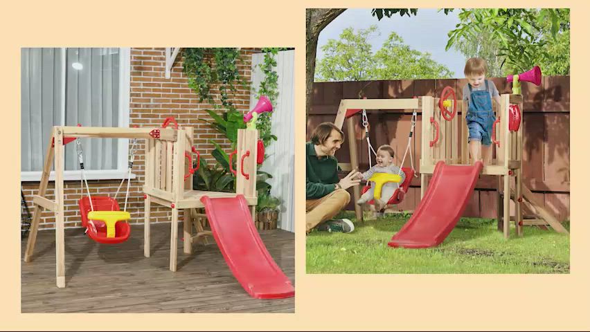 Outsunny 4-in-1 Wooden Swing Set with Swing, Slide, Horn, Steering