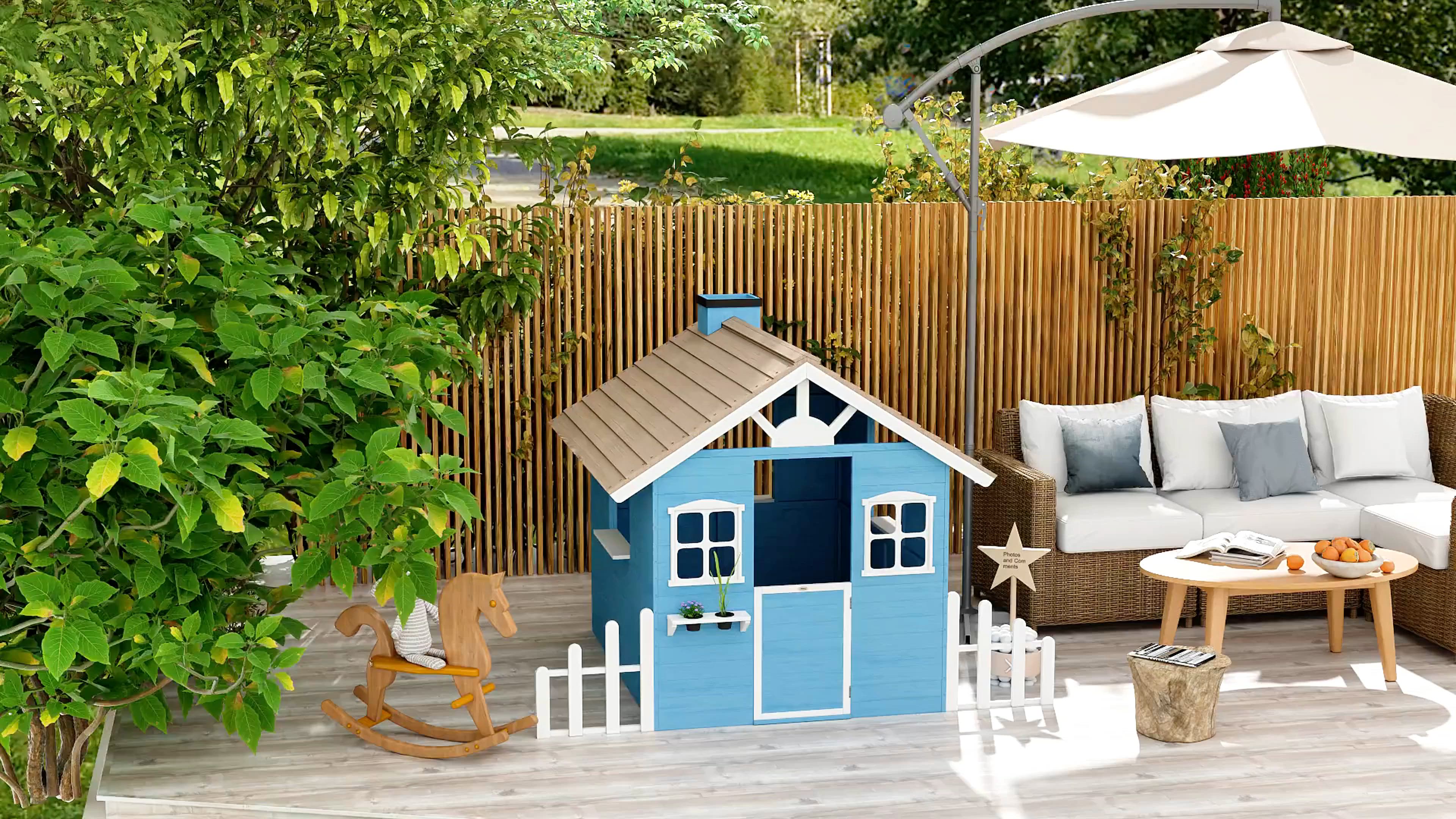 Outsunny Wooden Playhouse for Kids Outdoor with Flower Pot Holders
