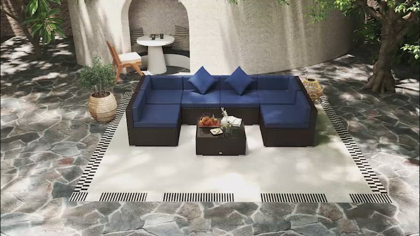 Outsunny 7 Pieces Rattan Patio Furniture Set for Garden Dark Blue