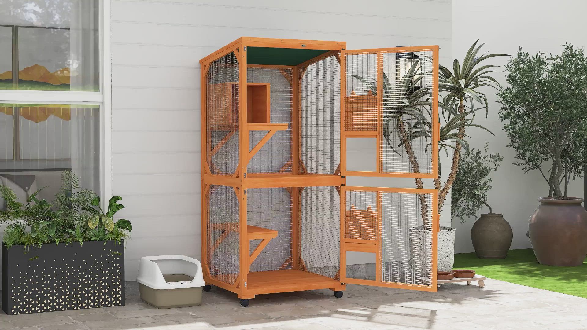 PawHut Large Cat House for 1-3 Cats on Wheels Wooden Catio