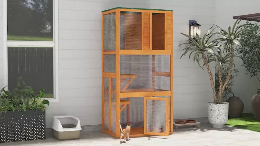 PawHut Large Catio Outdoor Wooden Cat House for 1-3 Kittens