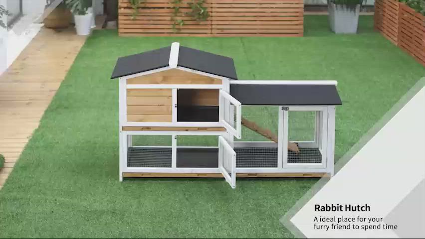 RaCoCo 小動物用木製ハウス 2穴付き PawHut Outdoor Rabbit Hutch 2-tier Small Animal House with Ramp